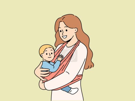 Illustration for Mother holds baby in carrier sling and smiles, taking care of son and using comfortable babywearing. Caring happy woman with newborn, recommends purchasing sling for young mothers. - Royalty Free Image