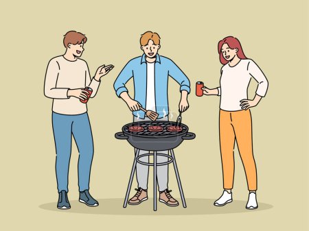 Illustration for BBQ party with cheerful friends drinking beer and grilling meat on grill in park or in backyard of house. Happy people celebrating start of summer vacation and cooking beef meat on BBQ coals - Royalty Free Image