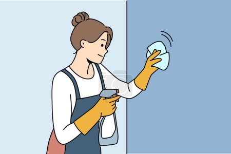 Illustration for Housewife woman cleaning apartment, wiping wall or glass using antibacterial spray, dressed in apron and gloves. Happy girl works as maid in motel and cleaning preparing room for arrival of guests - Royalty Free Image