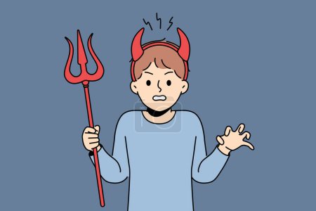 Illustration for Little bully boy with devil horns makes evil grimace and terrorizes teachers at school or kindergarten. Schoolboy bully with trident angry at adults because of refusal to go for walk together - Royalty Free Image