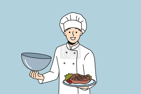 Illustration for Man chef holds tray with beef steak and vegetables, inviting you to visit restaurant of classic european cuisine. Guy in cook uniform demonstrates grilled pork steak at popular steakhouse. - Royalty Free Image