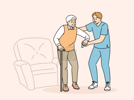 Medical worker helps sick pensioner get out of chair and walk around room or go outside. Providing assistance or support to pensioner after retirement and volunteer work in nursing home