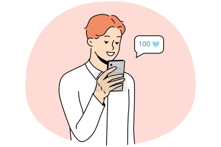 Ilustración de Smiling young man using cellphone collect likes on social media. Happy male look at mobile phone screen get acknowledgment from subscribers. Vector illustration. - Imagen libre de derechos