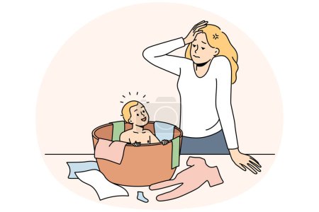 Illustration for Stressed young woman feel tired with motherhood and small kid. Unhappy frustrated mother exhausted with toddler and parenthood. Vector illustration. - Royalty Free Image