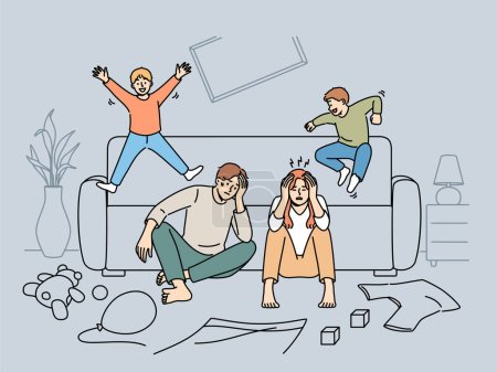 Illustration for Tired parents sit on floor while mischievous children jump on sofa and throw things around house. Frustrated mom and dad cant cope with parental responsibilities and cant control hyperactive children - Royalty Free Image