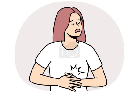 Illustration for Unhealthy young woman suffer from acute stomachache. Unwell female struggle with belly pain or spasm. Healthcare. Vector illustration. - Royalty Free Image