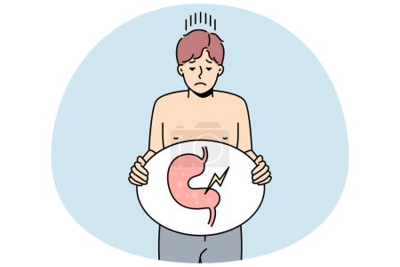 Illustration for Unhealthy man suffer from indigestion problem. Unhappy sick guy holding image of sick body organ struggle with stomachache. Healthcare concept. Vector illustration. - Royalty Free Image