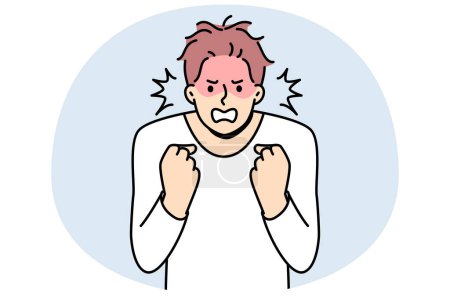 Ilustración de Furious young man clench fists struggle with madness or panic. Angry male feeling emotional and enraged. Rage and emotion control. Vector illustration. - Imagen libre de derechos