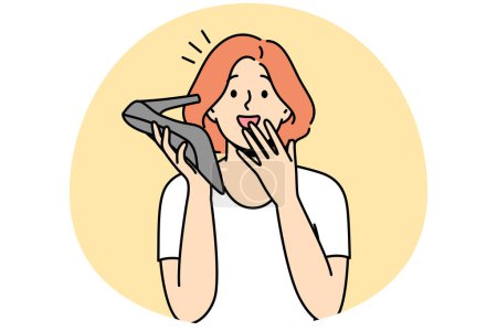 Illustration for Smiling young woman talk on heel hear shocked unbelievable news. Happy girl speak on hoe as on phone surprised with unexpected message. Vector illustration. - Royalty Free Image