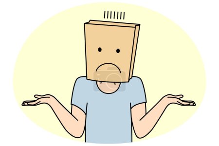 Illustration for Unknown person with paper bag on hand feel confused and frustrated. Man or woman with package with face expression feeling doubts. Vector illustration. - Royalty Free Image