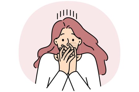 Illustration for Woman shut mouth frustrated with fear or shock. Stunned female surprised by unbelievable news. Vector illustration. - Royalty Free Image