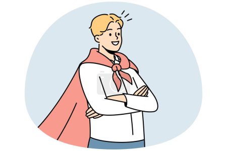 Téléchargez les illustrations : Homme motivé souriant portant un manteau Superman satisfait de la réalisation ou de l'accomplissement. Heureux homme d'affaires en manteau de super héros. Illustration vectorielle. - en licence libre de droit