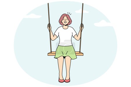 Illustration for Smiling young woman sit on swing in clouds dreaming. Happy girl swaying on tilt in sky. Dreamer and visualization. Vector illustration. - Royalty Free Image
