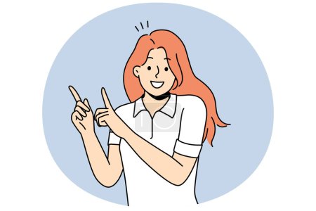 Illustration for Smiling young woman point up at good deal or offer. Happy girl show with fingers up recommend good sale or discount. Copy space. Vector illustration. - Royalty Free Image