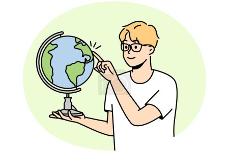 Illustration for Smiling guy in glasses spin glove with finger. Smart boy child in spectacles show country on sphere. Education concept. Vector illustration. - Royalty Free Image
