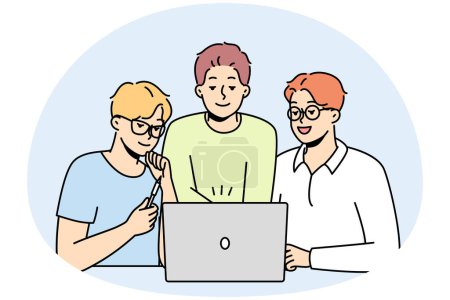 Téléchargez les illustrations : Des collègues masculins souriants regardent ensemble le remue-méninges sur écran d'ordinateur. Des collègues heureux coopèrent en travaillant sur un ordinateur portable sur le lieu de travail. Travail d'équipe. Illustration vectorielle. - en licence libre de droit