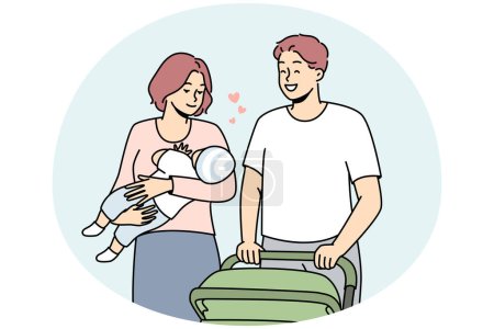 Happy young family with baby walking with stroller outdoors. Smiling parents with child in hands enjoying walk outside. Vector illustration.