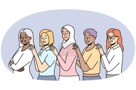 Un grupo de sonrientes mujeres multirraciales están juntas mostrando unidad y apoyo. Las felices hembras multiétnicas interraciales demuestran unión. Ilustración vectorial.
