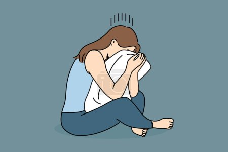 Weinende Frau sitzt auf einem Kissen und leidet unter Problemen im Privatleben oder der Trennung von ihrem Freund. Weinendes Mädchen hat psychische Probleme und braucht Hilfe von Psychotherapeut