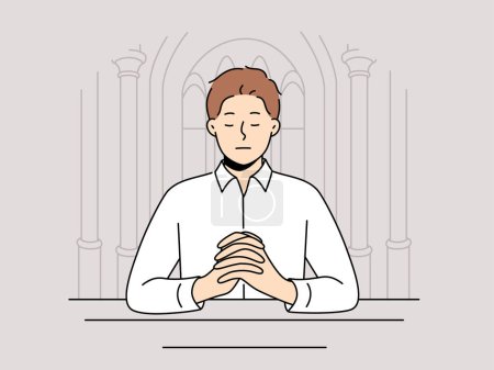 Téléchargez les illustrations : Homme priant assis sur le banc dans le temple à la recherche d'un soutien spirituel dans la religion catholique et chrétienne. Guy ferme les yeux et prie debout dans la cathédrale orthodoxe et a besoin de l'aide du Seigneur - en licence libre de droit