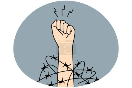 Close-up of hand in fist in wires thrive for independence and freedom. Raised hand with clenched fist fight for human rights. Vector illustration.