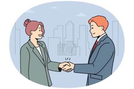 Lächelnde Geschäftsleute begrüßen das Kennenlernen per Handschlag. Glückliche Geschäftspartner schütteln Händchen oder treffen Übereinkünfte. Vektorillustration.