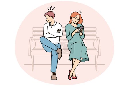 Illustration for Angry man mad at busy woman using cellphone texting or messaging online in gadget. Stubborn couple sit on bench have relationship problems. Vector illustration. - Royalty Free Image