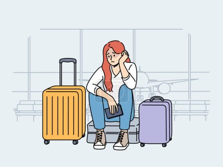 Illustration for Upset woman airport passenger sits among tourist suitcases and waits for plane that is late due to bad weather. Concept of flight cancellation causing inconvenience to airport passengers - Royalty Free Image