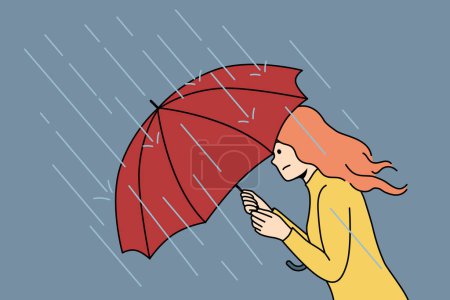 Illustration for Woman with umbrella rushes home during rain and storm caused by sudden cold snap in autumn and climate change. Girl with umbrella suffers from precipitation and is afraid of getting wet - Royalty Free Image