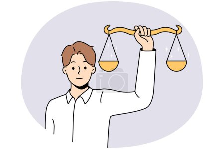 Illustration for Man holding scales in hands showing balance. Male with weighs demonstrate justice and law. Human rights concept. Vector illustration. - Royalty Free Image