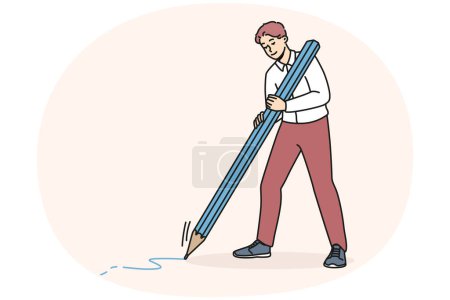 Photo for Happy young man with huge pencil drawing or taking notes. Smiling male writing or painting. Writer or journalist occupation. Vector illustration. - Royalty Free Image