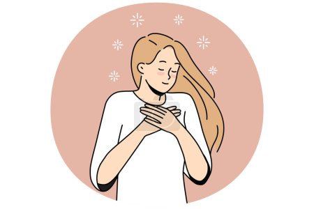 Illustration for Happy young woman hold hands at chest feel grateful and thankful. Smiling millennial girl show love and gratitude. Vector illustration. - Royalty Free Image