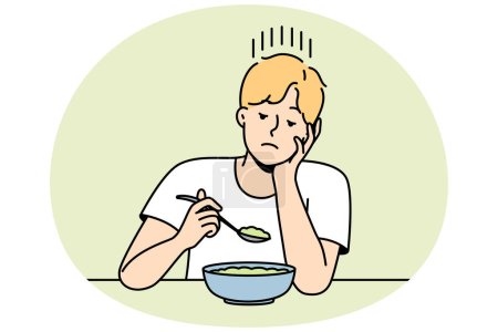 Illustration for Guy without appetite looks at lean soup or salad made from vegetables. Man follows diet prescribed by doctor. Boy sadly eating vegetarian dish. Vector contour line colorful isolated illustration. - Royalty Free Image