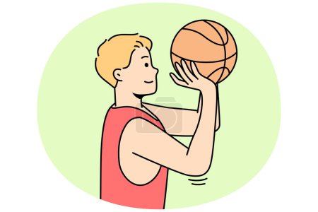 Illustration for Boy throws ball into hoop or through net. Guy playing basketball or volleyball on court. Basketballer, hoopster, player trying to hit into rim. Sportsman practices drills. Young man training. - Royalty Free Image