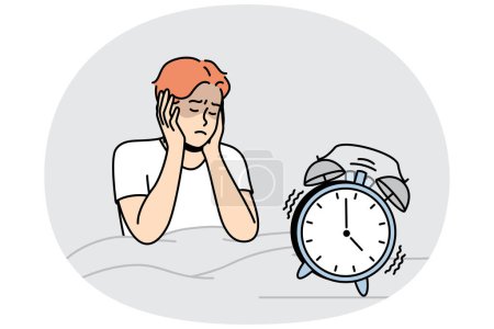 Guy in bed closes ears not to hear sounds in morning. Alarm clock is ringing. Getting up early for work, education. Sleeping man does not want to wake up. Vector linear colored isolated illustration.