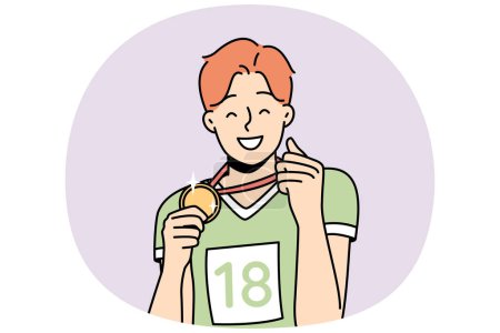 Illustration for Happy sportsman shows gold medal he got. Guy won sports competitions. Boy is proud of his award. First place winner. Champion shows his achievement, prize. Vector graphics in color. - Royalty Free Image