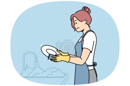 Illustration for Girl washes plates in gloves near sink. Young woman is doing household chores in kitchen. Daily home cleaning routine. Domestic assistant, services staff. Vector line art multicolored illustration. - Royalty Free Image
