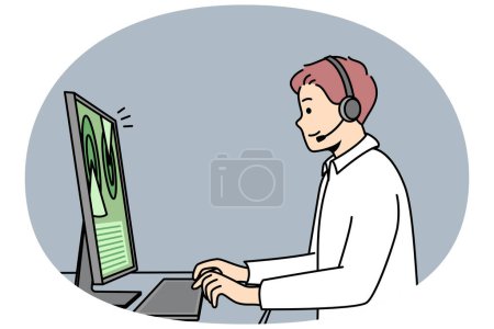 Illustration for Web designer in headset works at computer. Man programmer in headphones sits at desk, types on keyboard in front of monitor screen, programming. Customer support. Vector minimalistic modern design. - Royalty Free Image