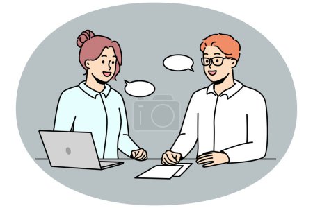 Illustration for Businessman, businesswoman, company members are negotiating at desk. Man with resume is interviewing for position with recruiter, headhunter. Vector graphics in color isolated on gray background. - Royalty Free Image