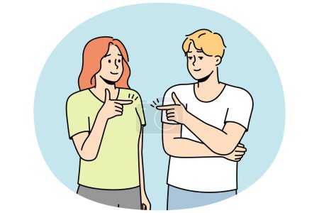 Illustration for Guy, girl point fingers at each other. Woman, man avoid solving problems. Husband shifts responsibility to wife. Girlfriend blames failure, criticizes boyfriend. Vector line art colored illustration. - Royalty Free Image