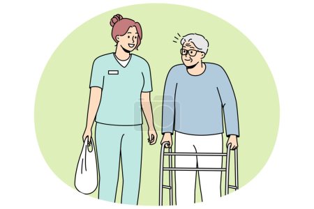 Woman health care worker helps elderly disabled person with walking frame. Medical professional carries bag of physically handicapped old man with walker. Vector line art multicolored illustration.