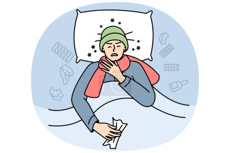 Niño malsano en sombrero, bufanda yace con dolor de cabeza, fiebre, secreción nasal, dolor de garganta en la cama. Tipo enfermo que sufre de resfriado, gripe, amigdalitis o coronavirus. Ilustración de la línea de contorno vectorial aislada en azul.