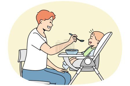 Illustration for Young dad feeds baby sitting in highchair from spoon. Happy fatherhood. Man gives food to his little son. Love in family, care for toddler. Vector contour line colorful illustration. - Royalty Free Image