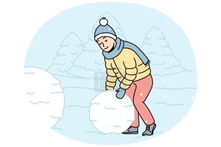 Illustration for Child rolls big snowball to make snowman outdoors. Boy creates snow sculpture in street. Kid playing winter games outside during snowfall. Vector outline colorful isolated illustration. - Royalty Free Image