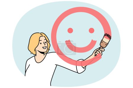 Illustration for Girl paints smiling face with brush and red paint on glass in front of her. Blonde young woman spreading positive vibes, emotions. Painter have fun. Optimistic lady. Dont worry, be happy vector. - Royalty Free Image