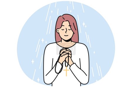 Illustration for Young woman with rosary in hands praying. Religious superstitious girl with beads talk to God ask about good fate. Religion and faith. Vector illustration. - Royalty Free Image