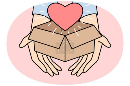 Illustration for Closeup of person holding box with heart. Hands with parcel with love symbol inside share gratitude and care feeling grateful and thankful. Charity concept. Vector illustration. - Royalty Free Image