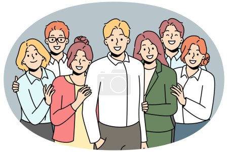 Illustration for Smiling employees posing together with male leader or boss. Happy work team stand together show unity and support. Teamwork and cooperation. Vector illustration. - Royalty Free Image