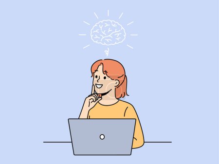 Illustration for Smiling girl is doing brainstorming sitting near laptop and thinking about best solution to problem. Schoolgirl doing brainstorming about getting online education on school website - Royalty Free Image