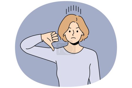 Illustration for Unhappy young woman show thumb down dissatisfied with bad quality service. Upset distressed female demonstrate dislike and disapproval. Vector illustration. - Royalty Free Image